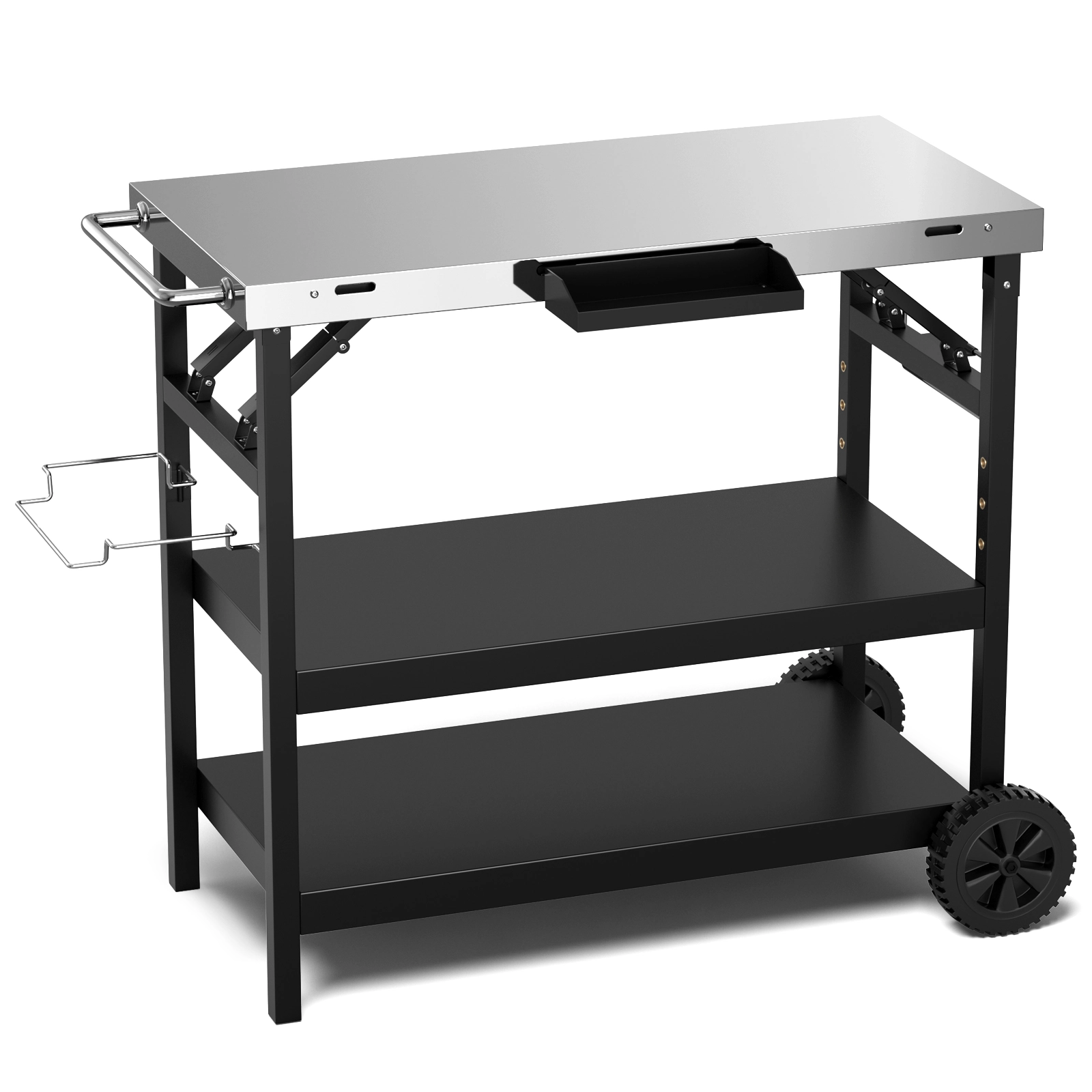 SUGIFT 110-lb Top Capacity 3-Tier Black Foldable Outdoor Cart with Adjustable Middle Shelf and 4 Hooks