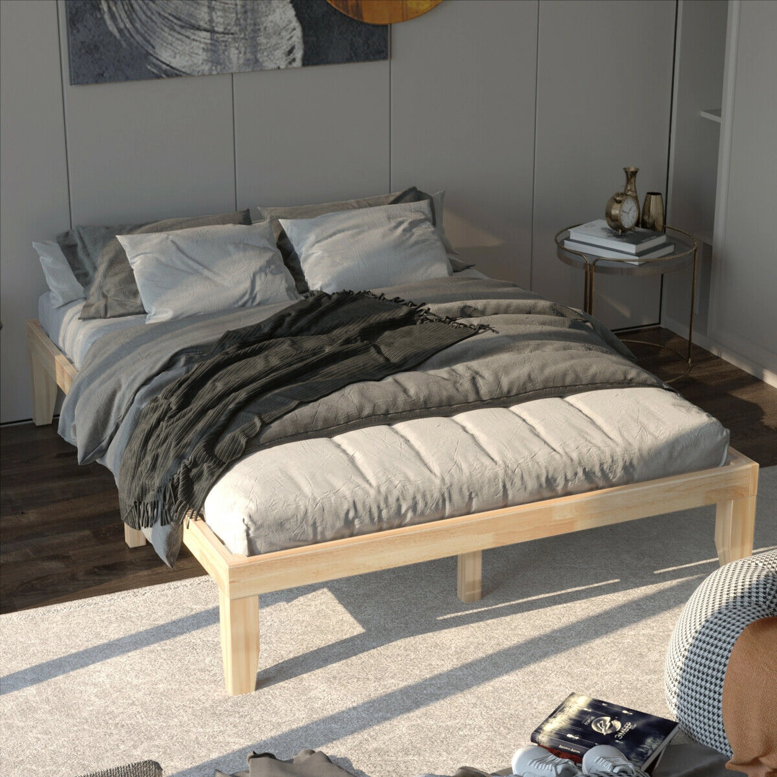 SUGIFT Solid Wood Queen Bed Frame 600-lb Capacity 14-in Tall 14-Bar Support Brown Natural Walnut
