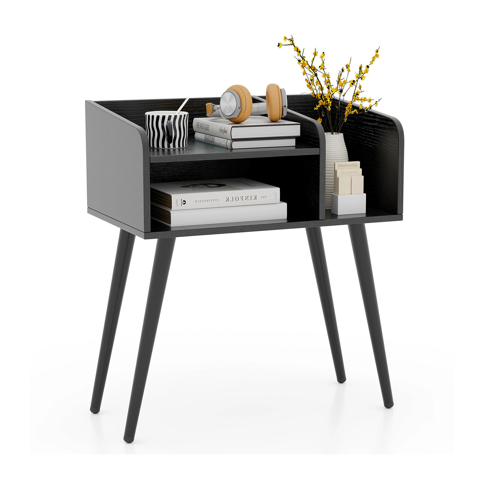 SUGIFT Mid Century Modern Nightstand with Open Shelves Engineered Wood and Metal 80-Lb Total Capacity Black