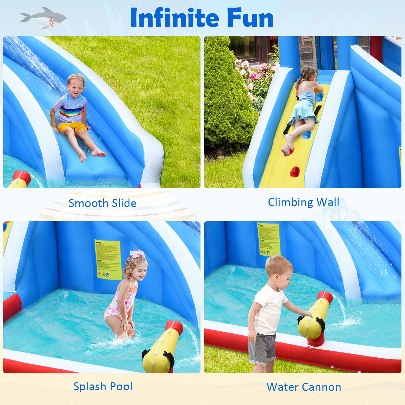 SUGIFT Inflatable Shark Bounce House with Water Slide and Climbing Wall 265-lb Capacity Ages 4-12 Multicolor