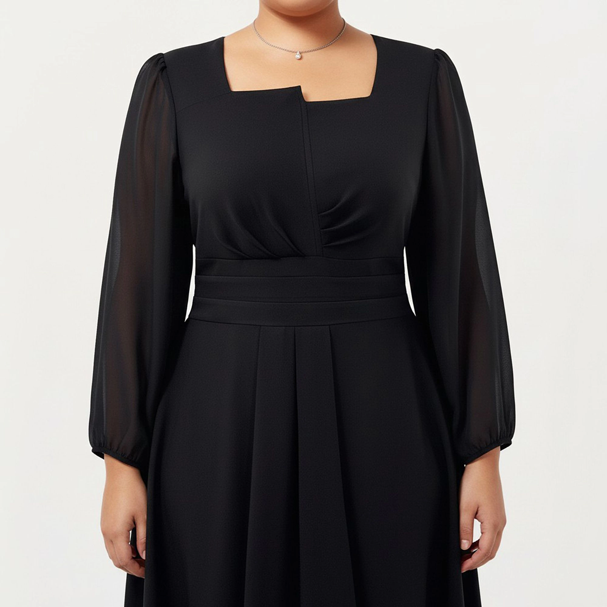 Anna-Kaci Women's Plus Size Long Sleeve Square Neck Pleated Waist Detail Flowy A Line Silhouette Midi Dress
