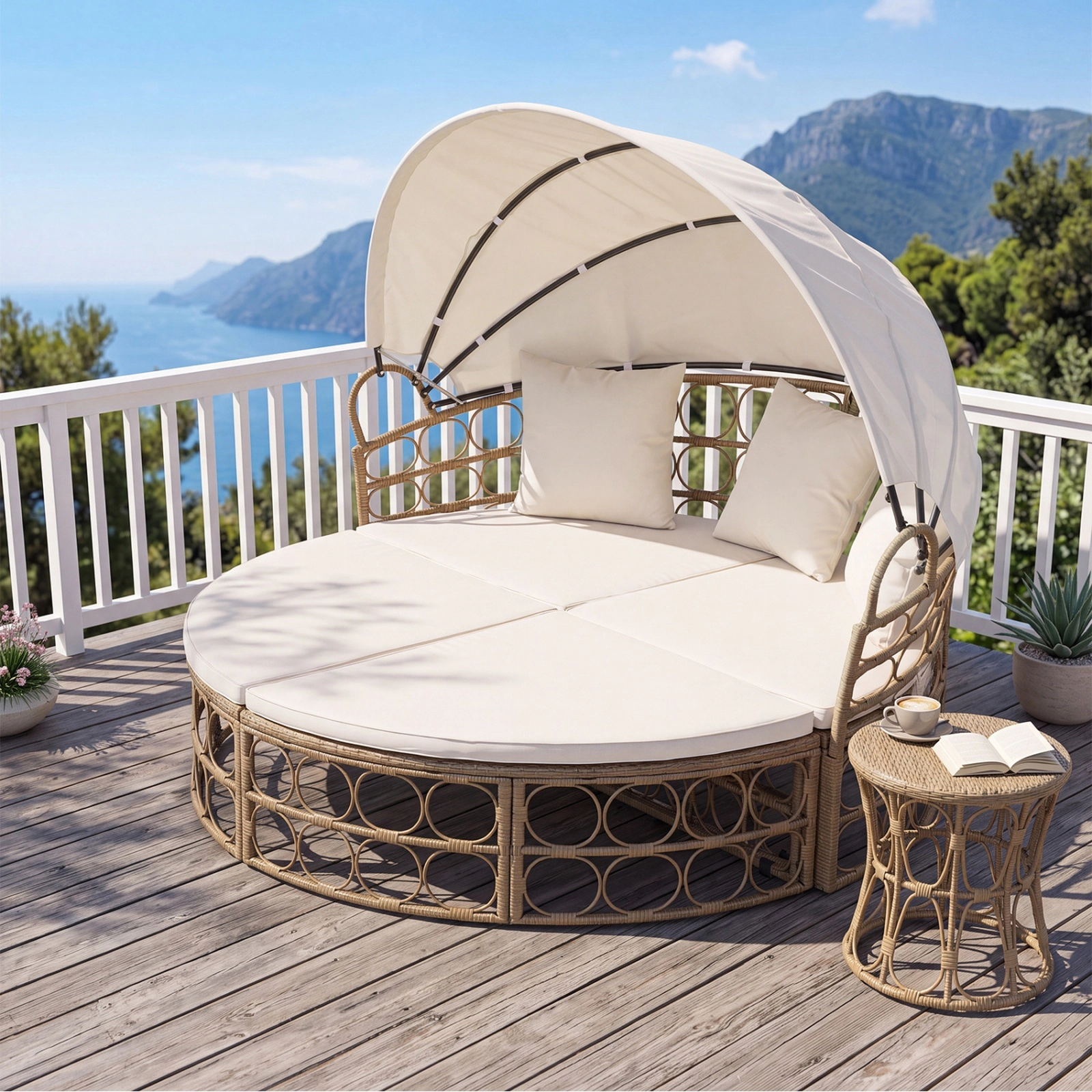 SUGIFT 66-Inch Round Outdoor Daybed with Retractable Canopy, Yellow PE Rattan Wicker