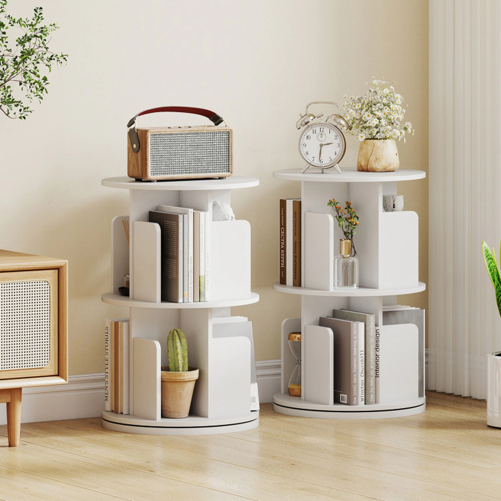 SUGIFT 2-Tier 145-lb Capacity White 26-in Rotating Spinning Bookshelf with Dividers Anti-Falling Baffles