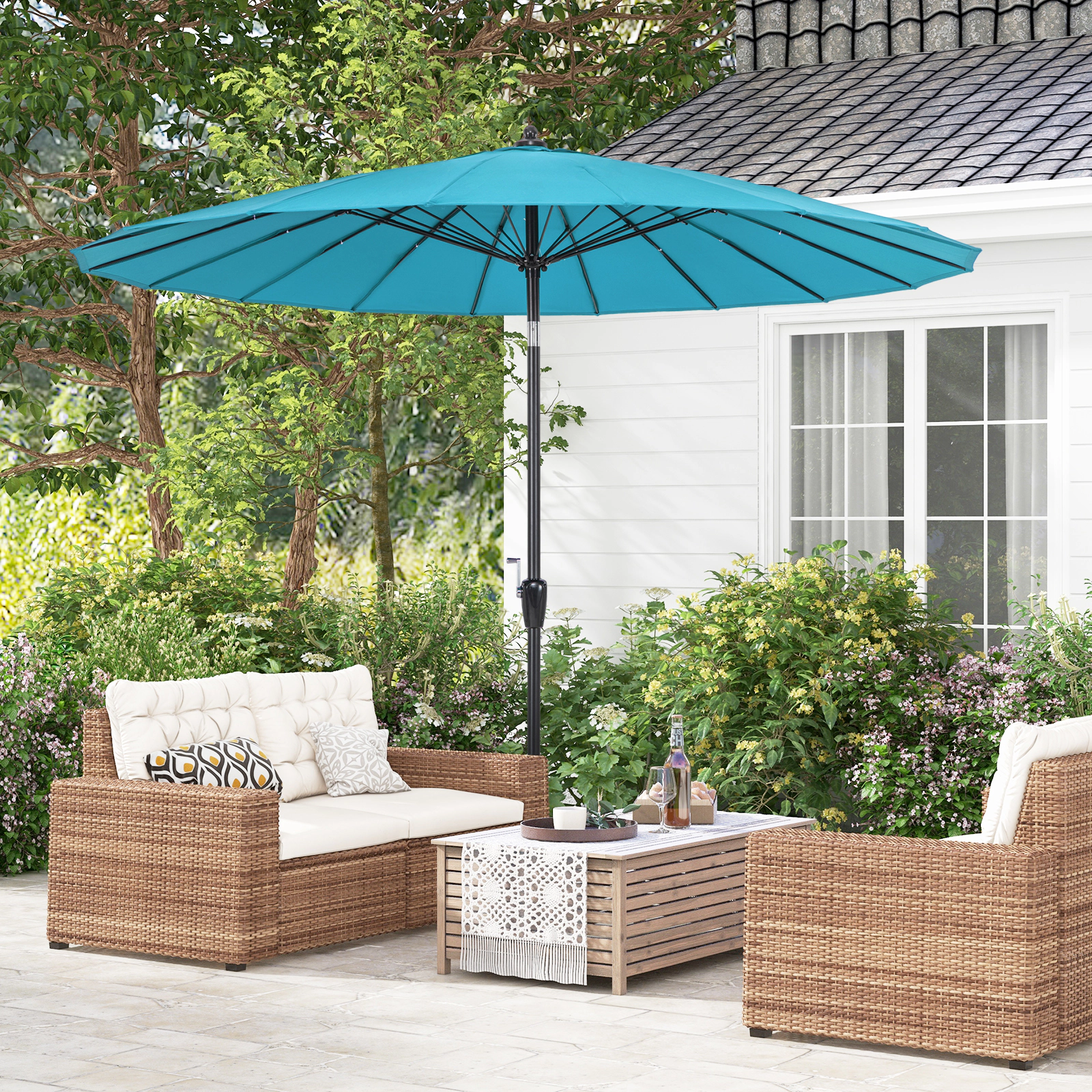 SUGIFT 9-ft Turquoise Round Patio Umbrella, 18 Fiberglass Ribs, Crank Lift, Manual Tilt
