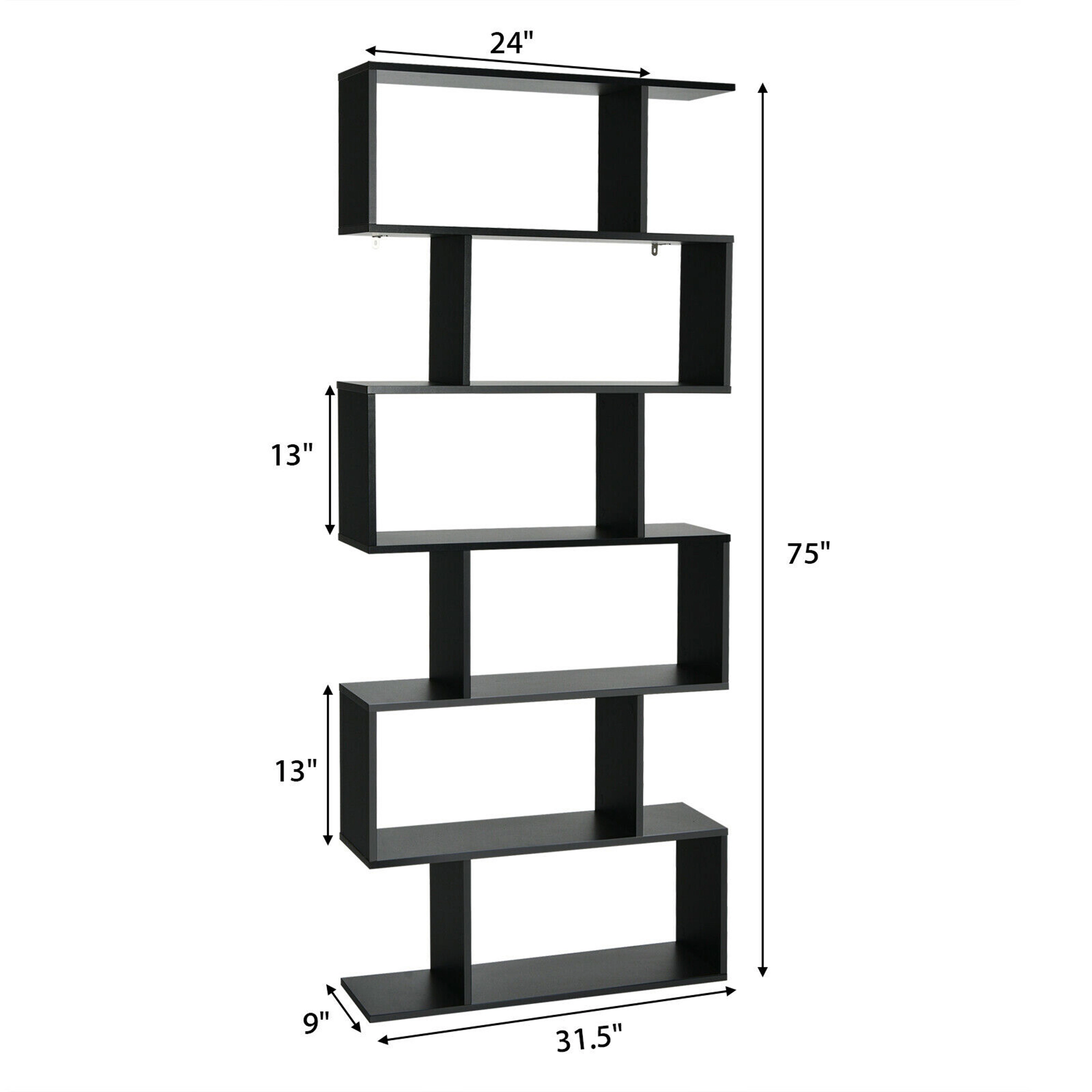 Costway 2 PCS 6 Tier S-Shaped Bookshelf Storage Display Bookcase Z-Shelf White