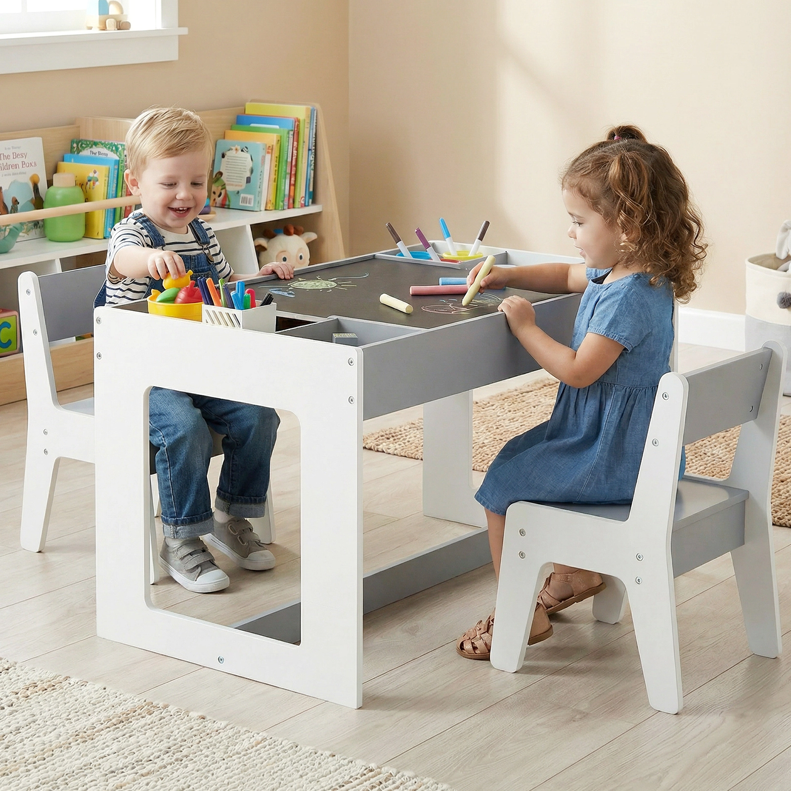 SUGIFT Chalkboard and Whiteboard Top Kids Multifunctional Table 2 Chairs Set