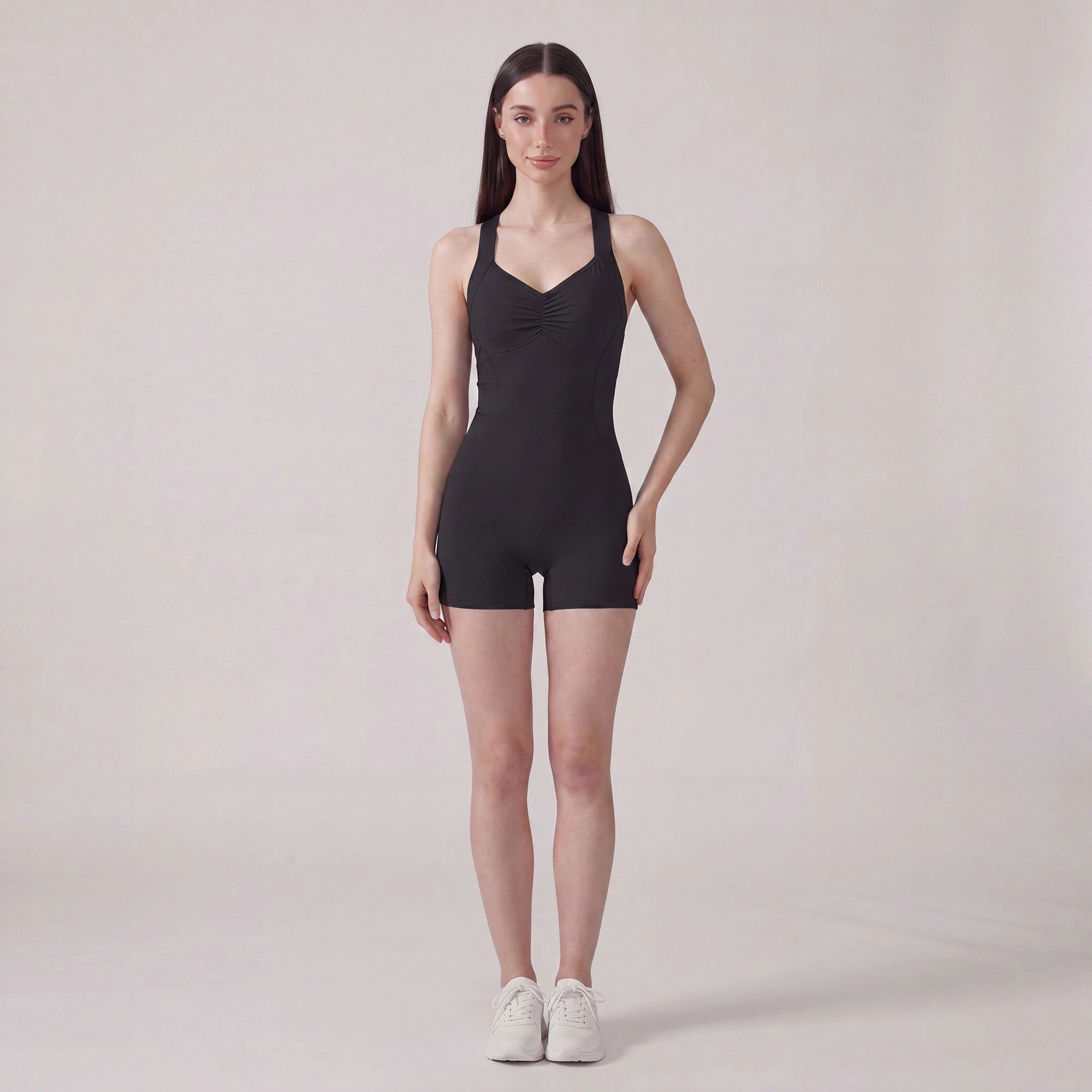 Anna-Kaci Women's Sleeveless Active Romper with Cross Back Straps Ruched Bust Contour Seams and Fitted Shorts