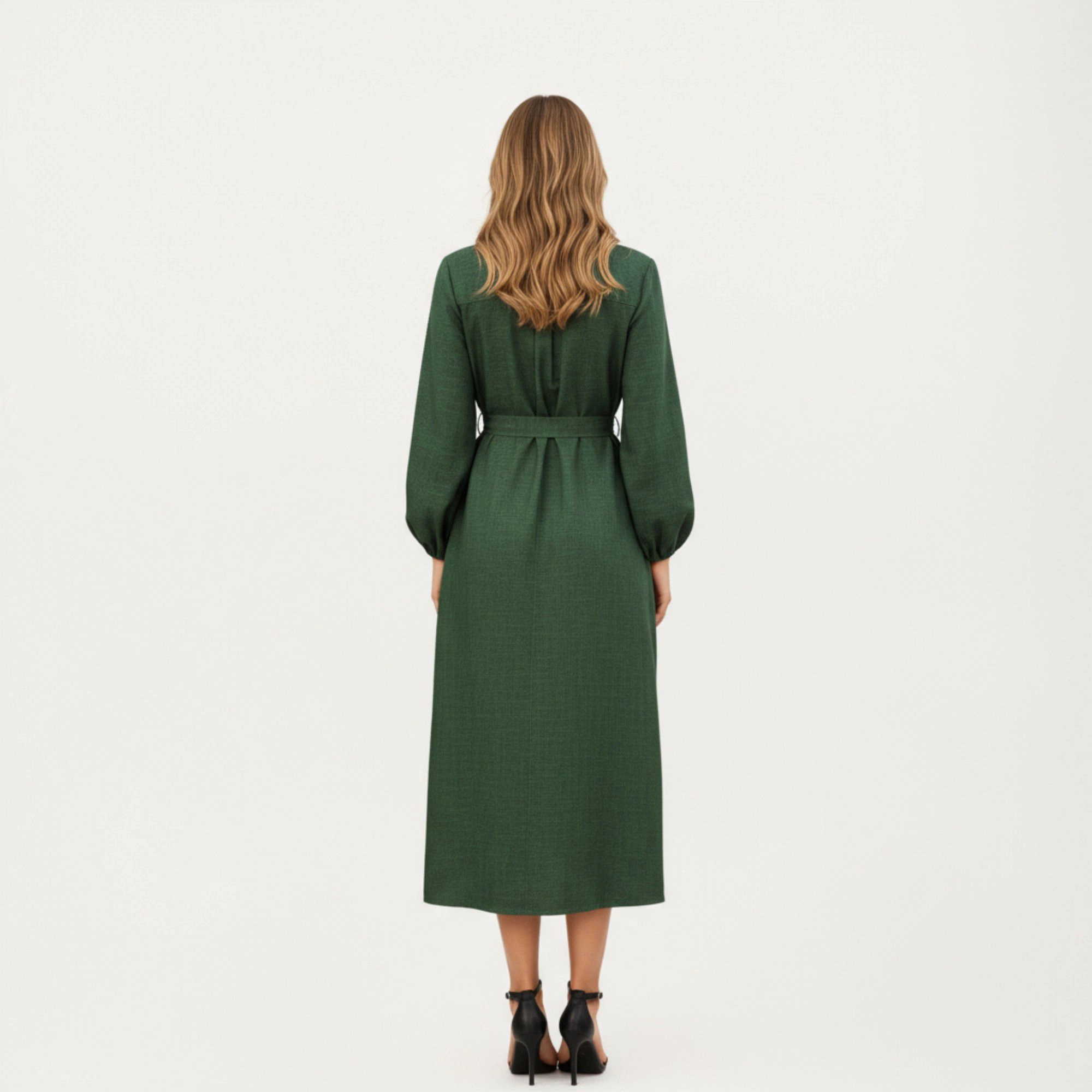 Anna-Kaci Women's Long Sleeve Button Front Waist Tie Utility Pockets Midi Dress