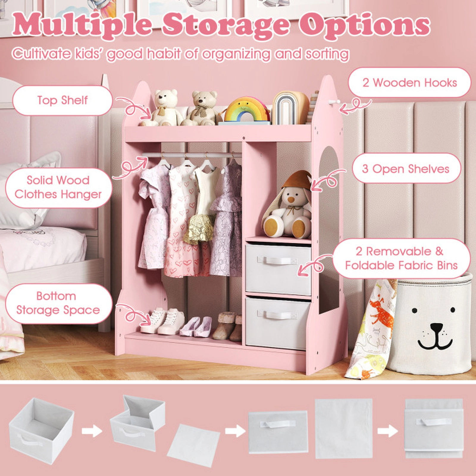 SUGIFT Kids Play Armoire Dresser Toy Organizer with Clothes Hanger 110-lb Capacity Ages 3+ Pink