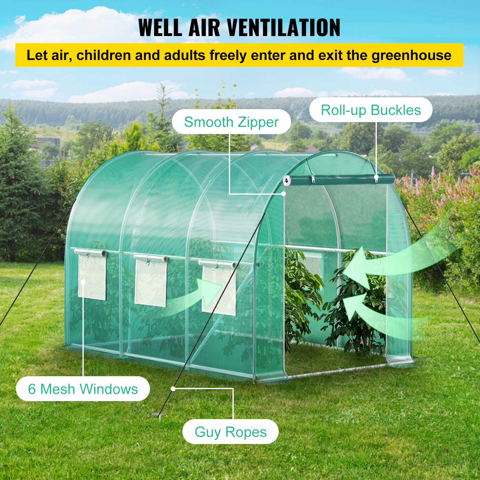 HONGGE Walk-in Tunnel Greenhouse Portable Plant Hot House with Galvanized Steel Hoops 1 Top Beam Diagonal Poles