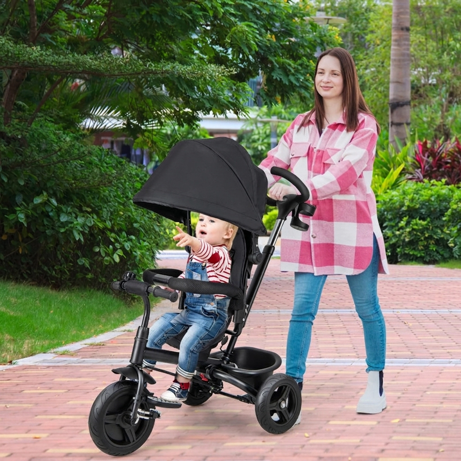 SUGIFT 4-in-1 Reversible Seat Baby Tricycle Stroller with 5-Point Harness 55-lb Seat Capacity Ages 9-60 Months Black