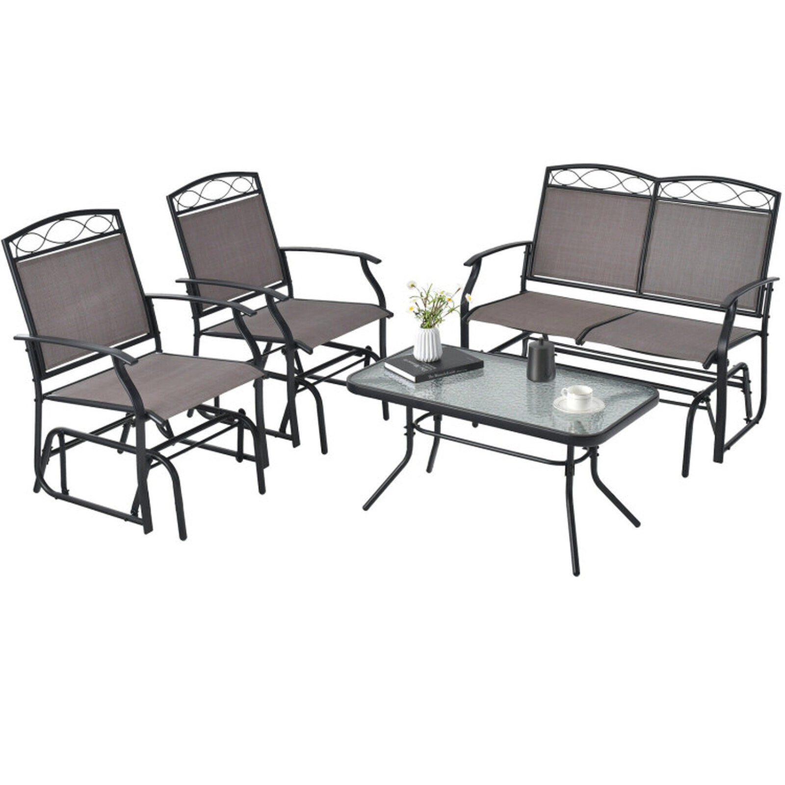 SUGIFT Brown Tempered Glass Coffee Table 4-Piece Patio Glider Conversation Set