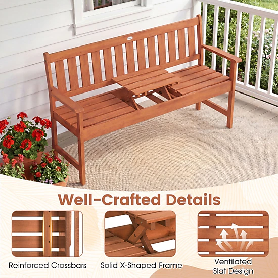 Hivvago Outdoor Wood Garden Bench With Pull-Out Center Table