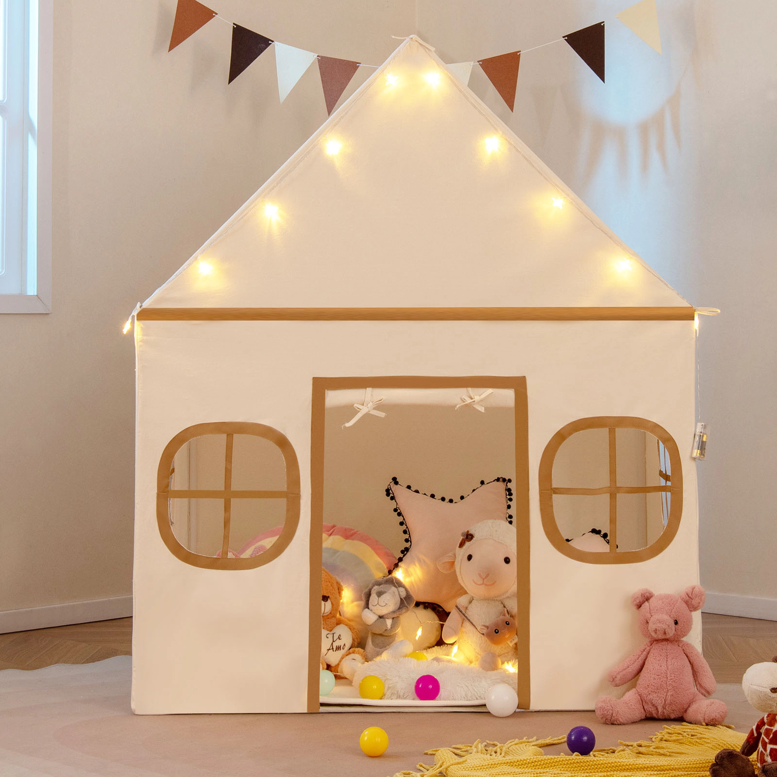 Kids Play Tent Large Indoor Playhouse for 3 Kids with Door Curtain Breathable Windows Star Lights Coffee