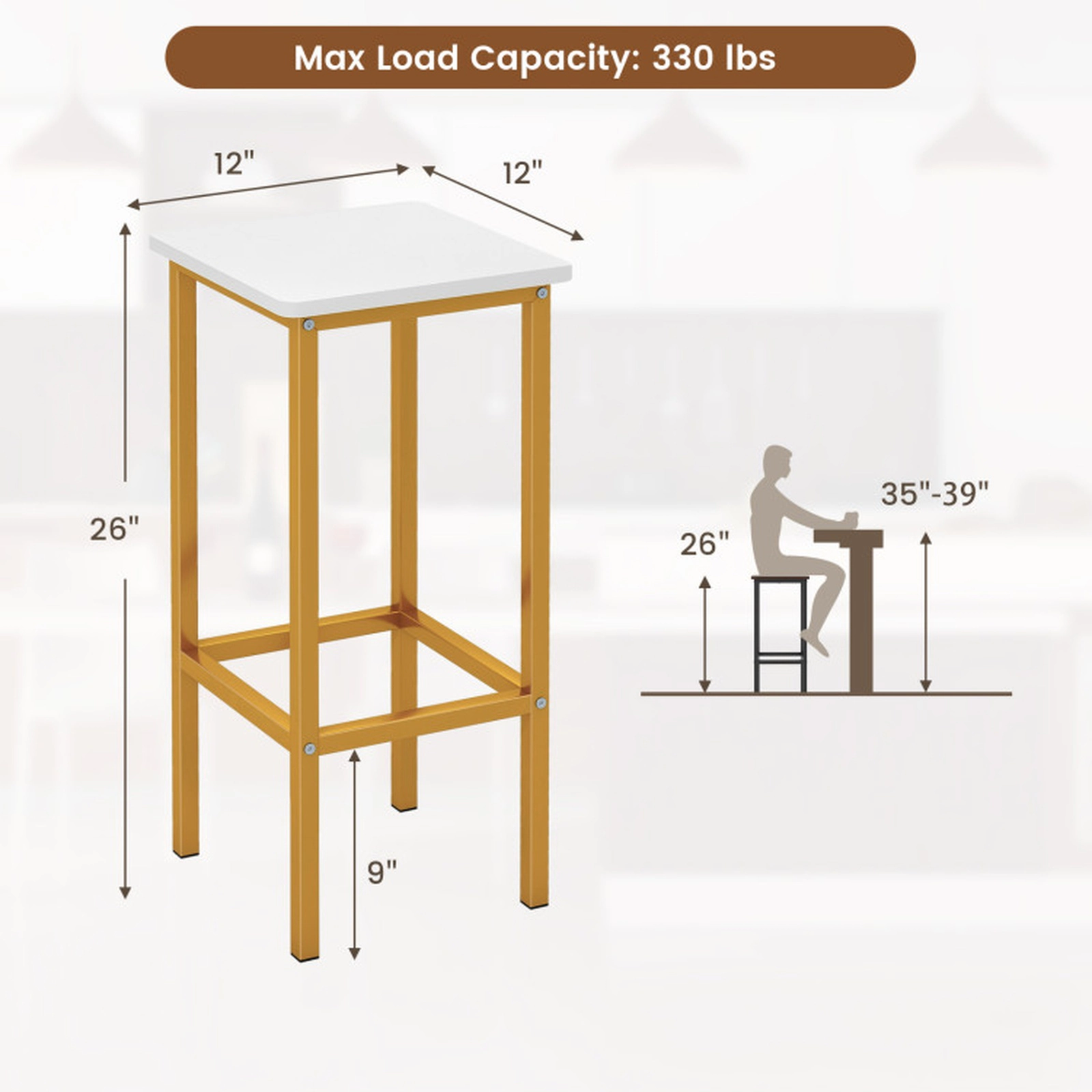 SUGIFT White Metal Legs Wood Seat and Footrest Set of 4 26 Inch Bar Stools