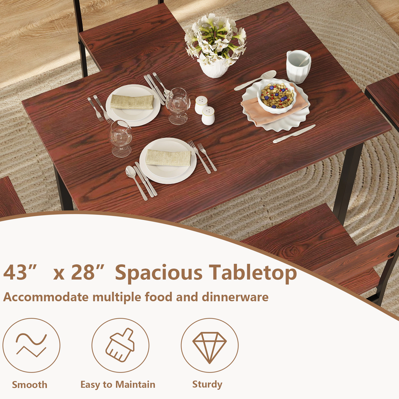 SUGIFT Walnut Industrial 4 Chairs and Kitchen Table 5 Piece Dining Set