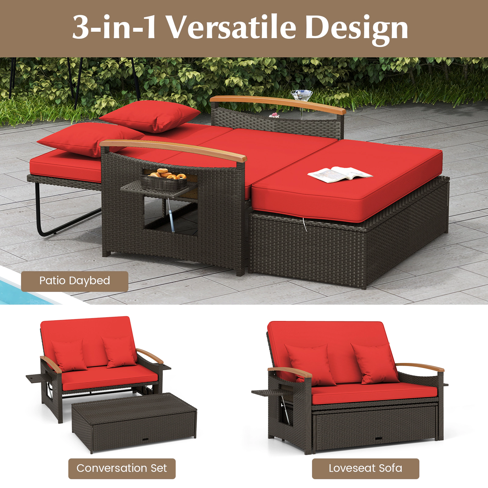 SUGIFT Folding Backrest Panels Storage Ottoman and Throw Pillows Outdoor Wicker Daybed