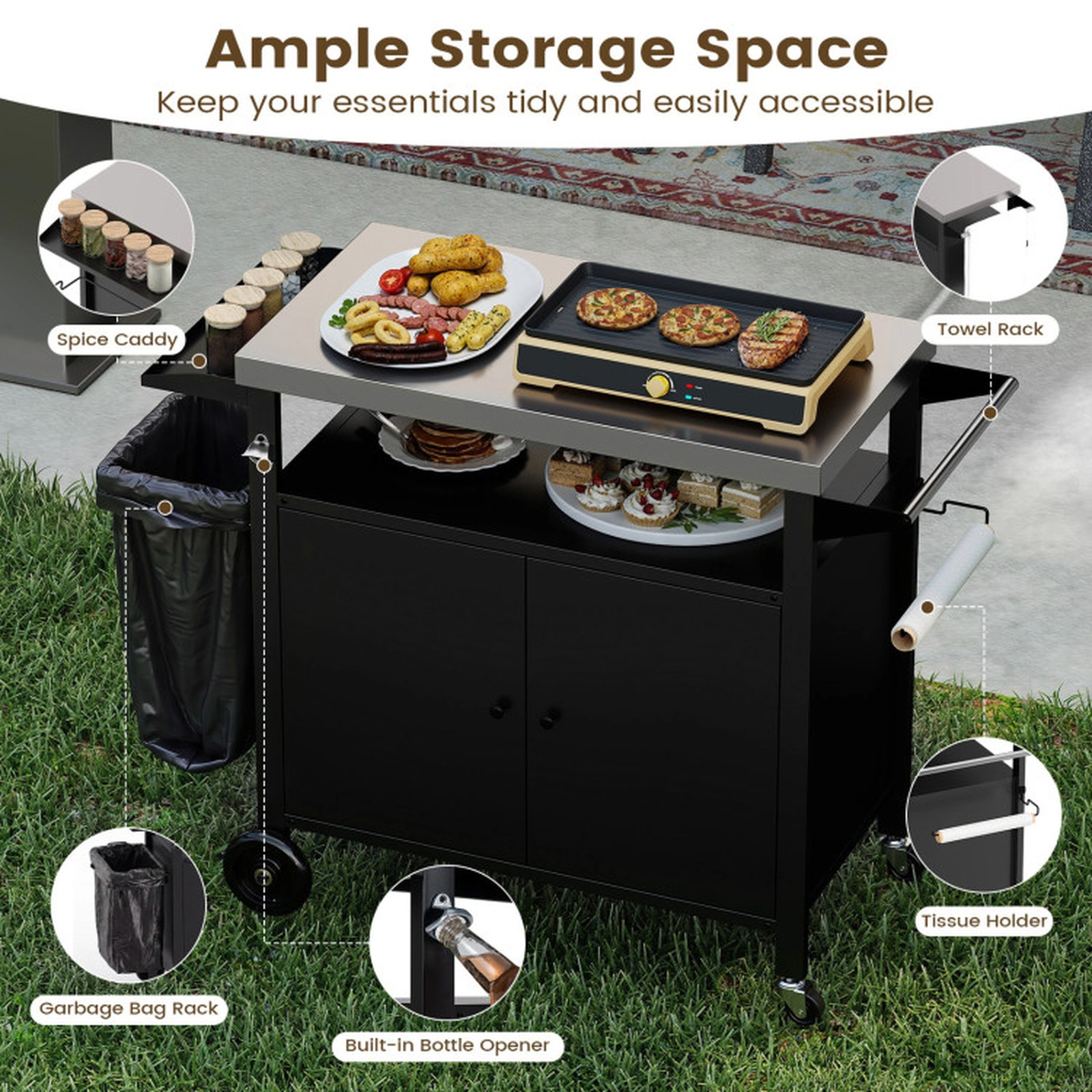 SUGIFT Grill Cart with Stainless Steel Top and 2-Door Cabinet 110-lb Tabletop Capacity Gas Tank Shelf 45-in Wide Black