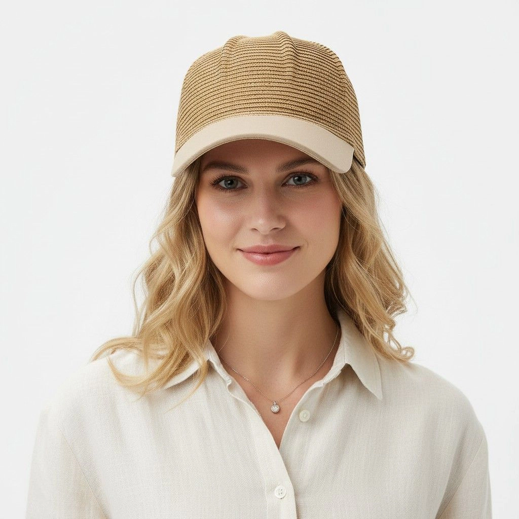 Anna-Kaci Women's Women Straw Baseball Cap Woven Crown Fabric Brim Lightweight Breathable Summer Hat