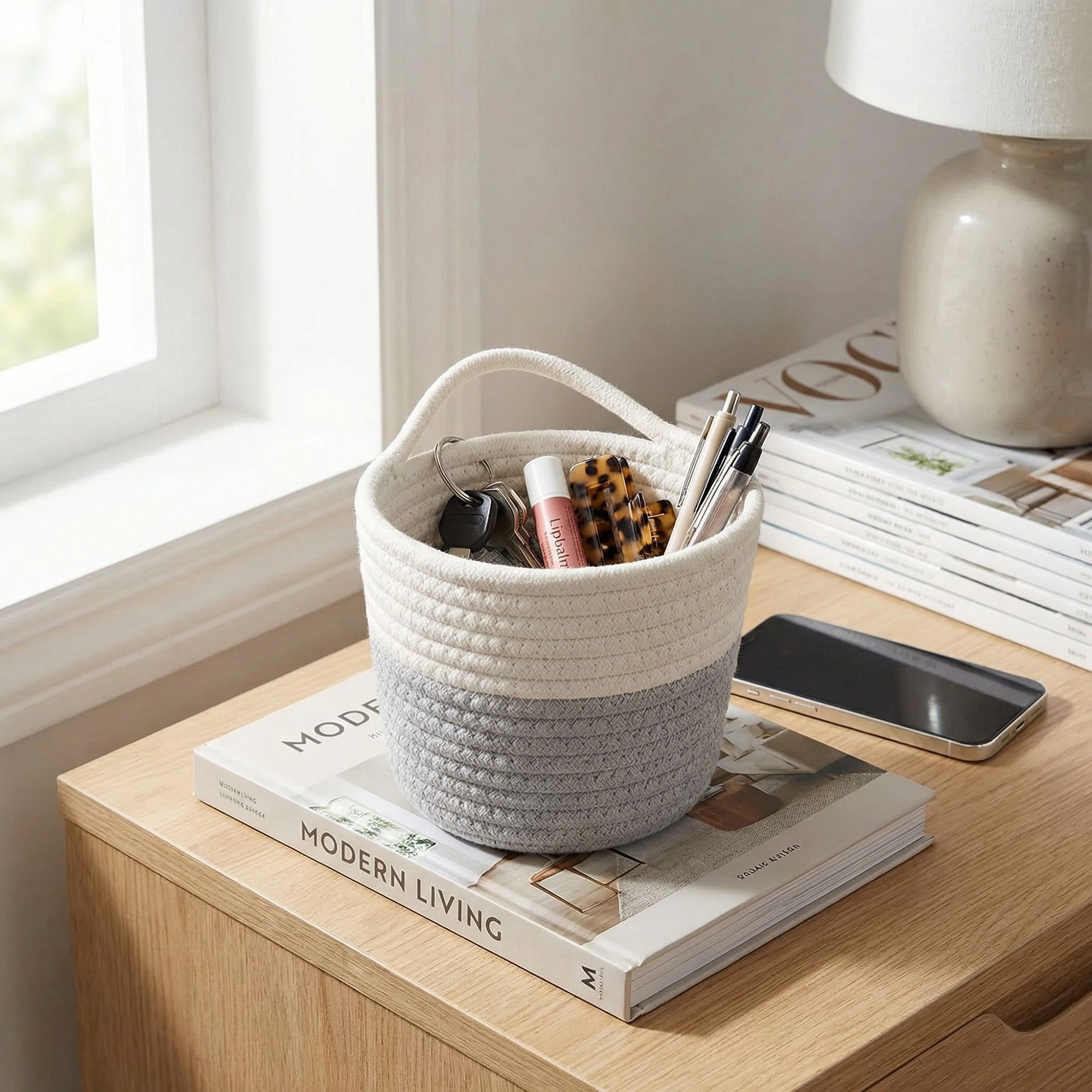 Alilang Unisex Small Hanging Storage Basket with Handle Woven Style Organizer for Bathroom Bedroom Entryway