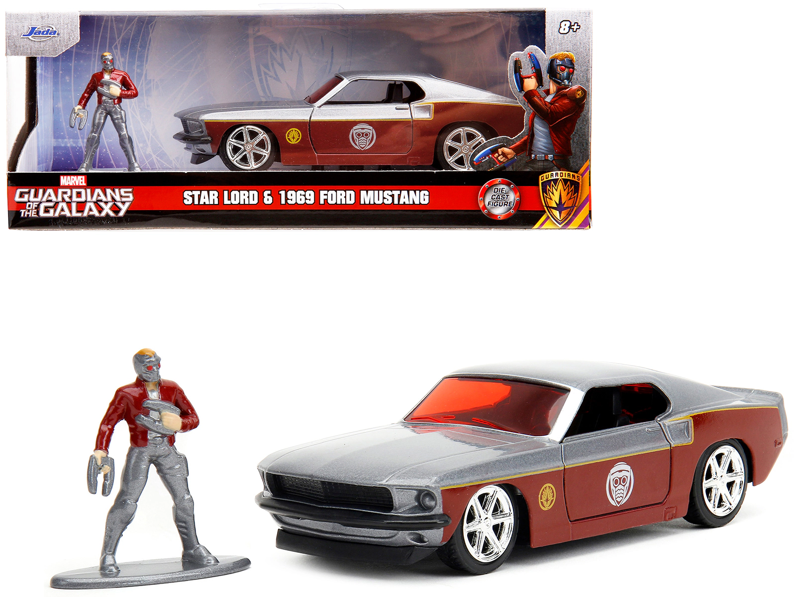 Jada 1969 Ford Mustang Silver Metallic and Dark Red and Star Lord Diecast Figure "Marvel Guardians of the