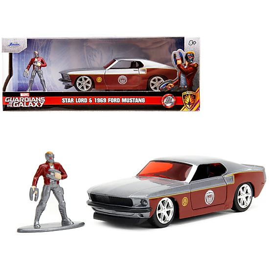 Jada 1969 Ford Mustang Silver Metallic And Dark Red And Star Lord Diecast Figure "Marvel Guardians Of The