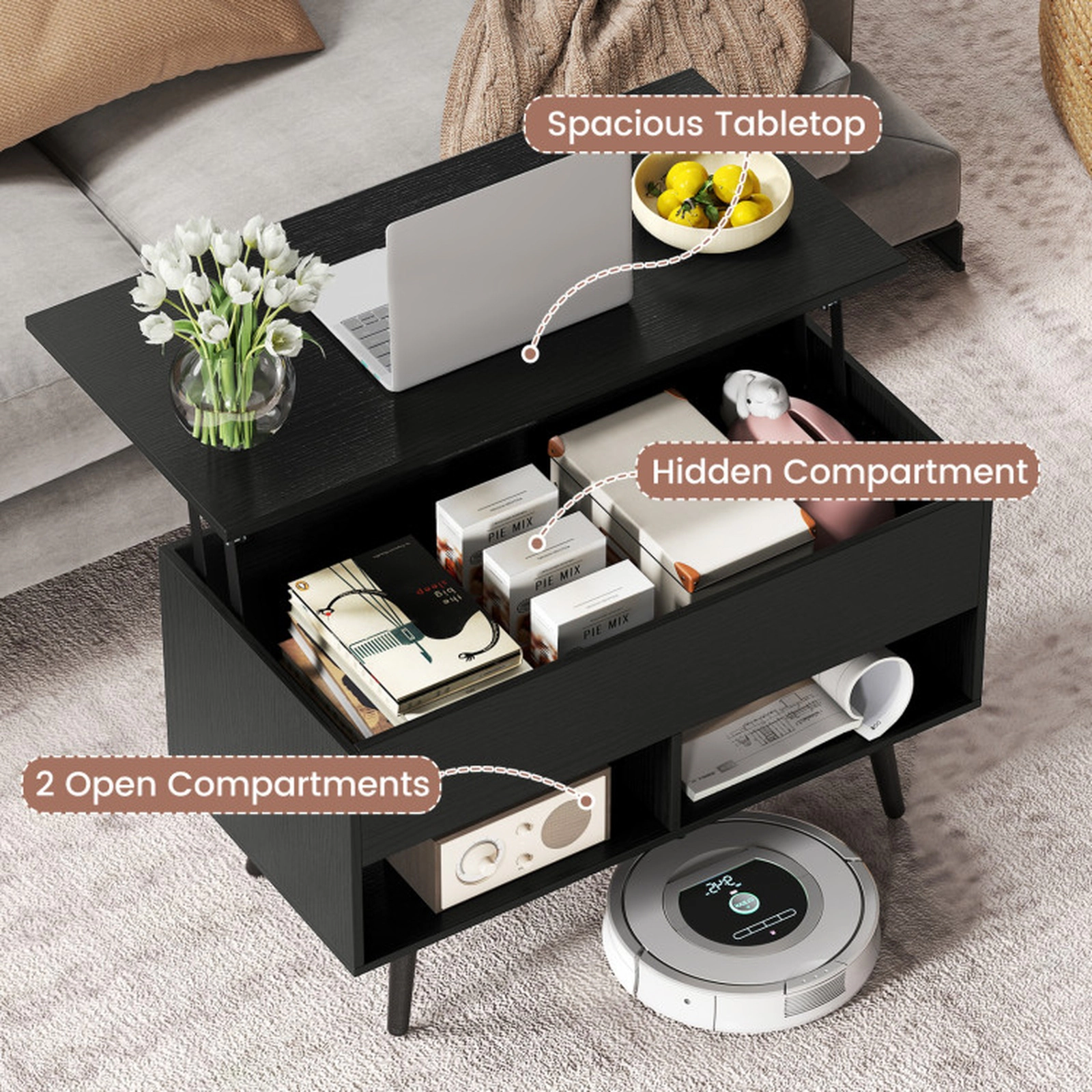 SUGIFT 31.5-In Black Lift-Top Coffee Table with Hidden Compartment and 2 Shelves