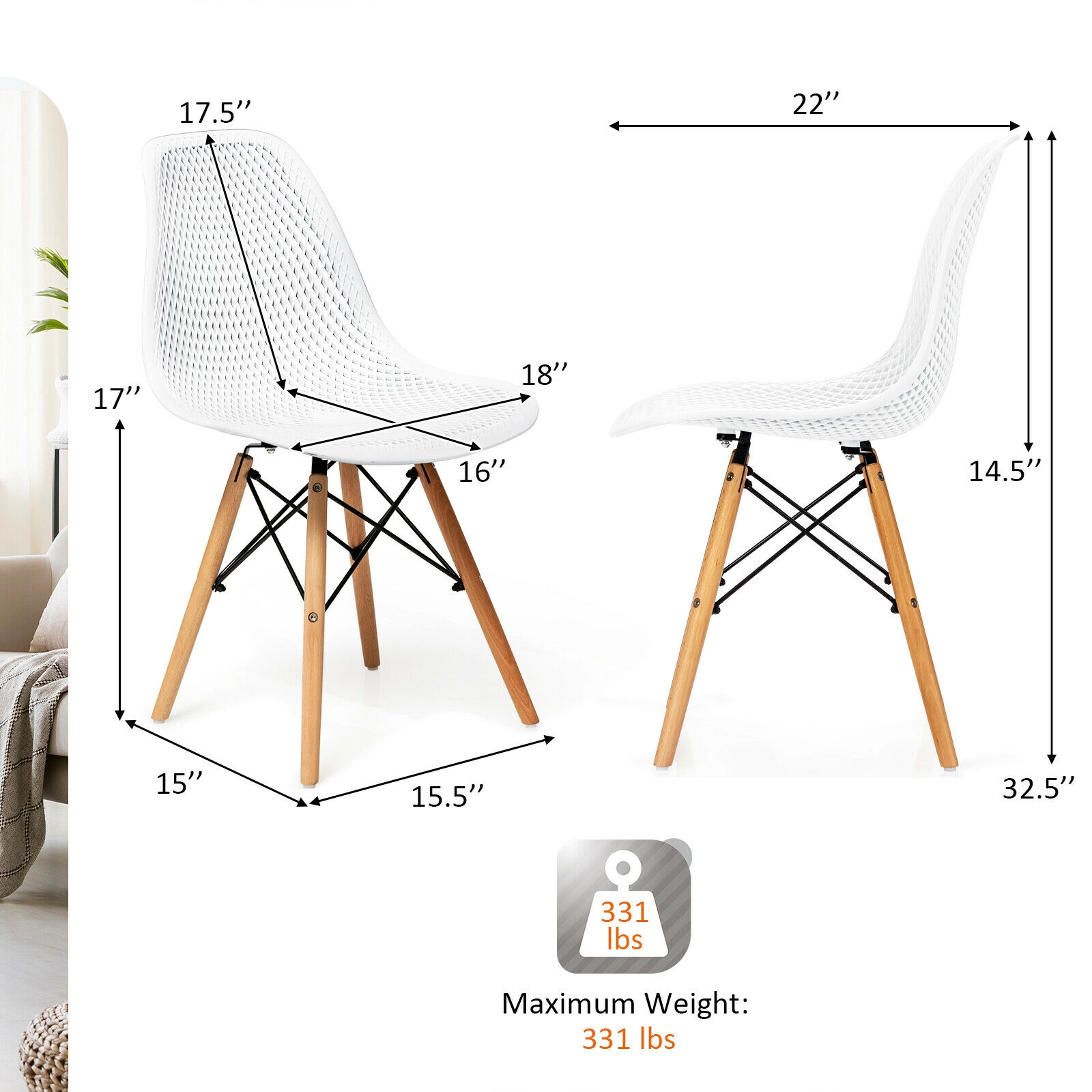 SUGIFT Set of 4 White Modern Plastic Dining Chairs with Mesh Backs and Beech Wood Legs