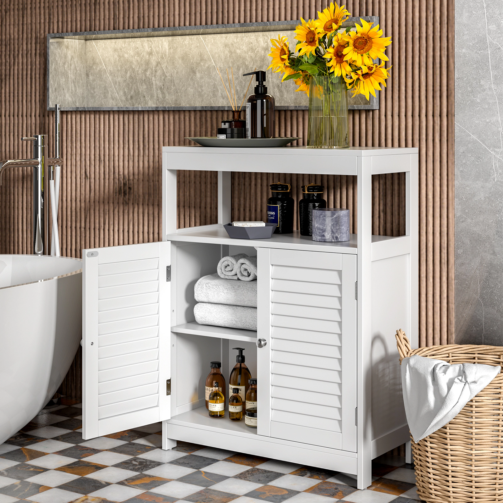 SlickBlue Bathroom Floor Cabinet with Shutter Doors and Storage