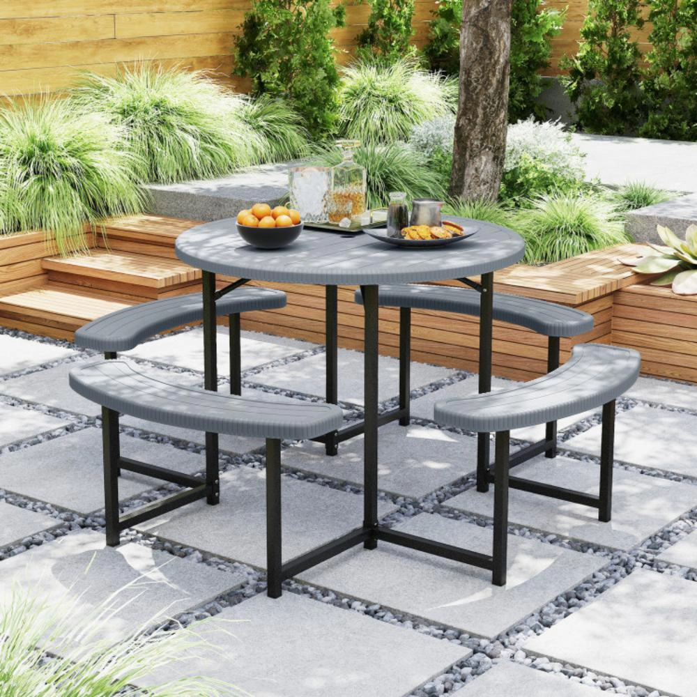 Hivvago Round Picnic Table Bench Set With 4 Benches And Umbrella Hole For Patio Lawn