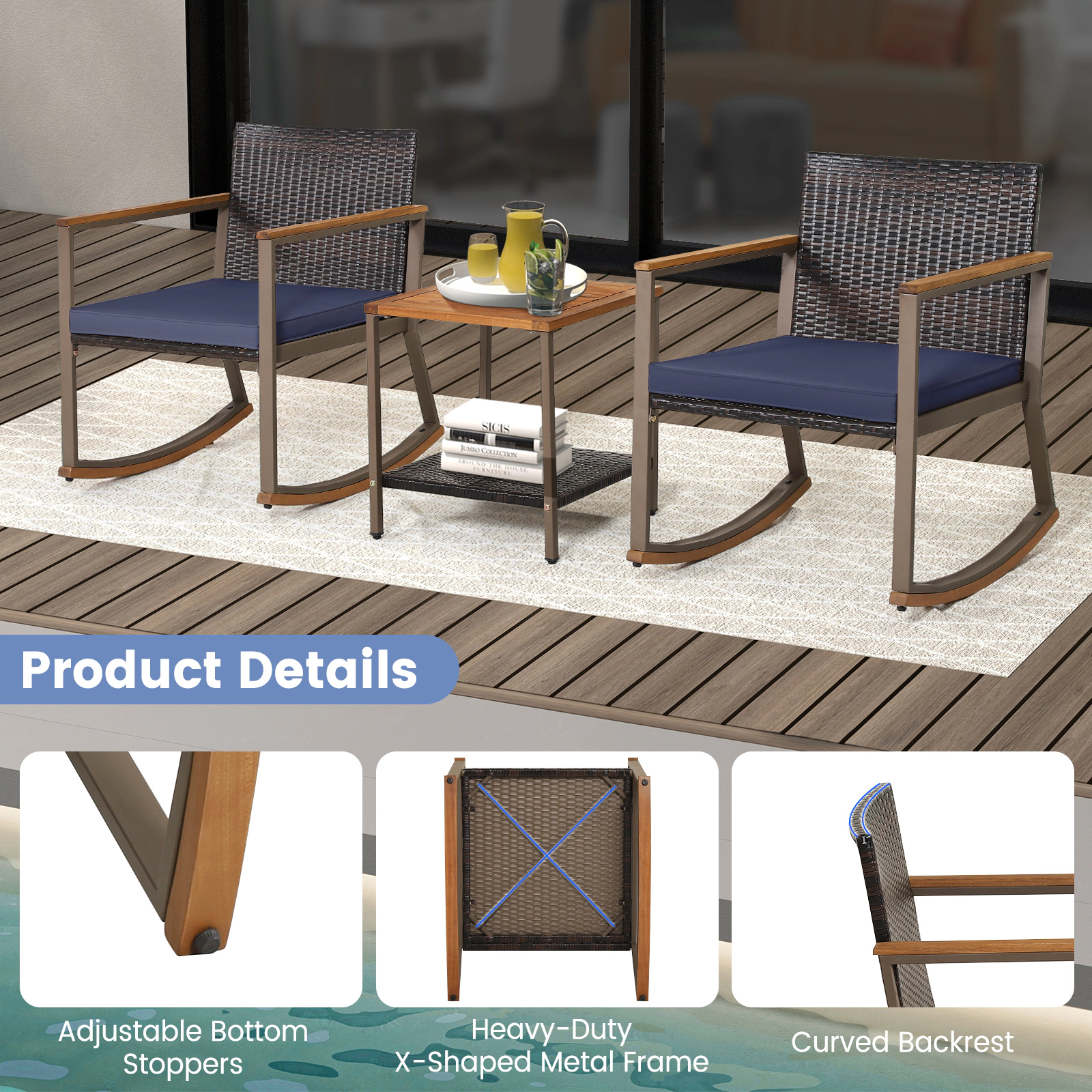 SUGIFT 3-Piece Outdoor Rattan Rocking Chair Bistro Set with 2-Tier Acacia Wood Table