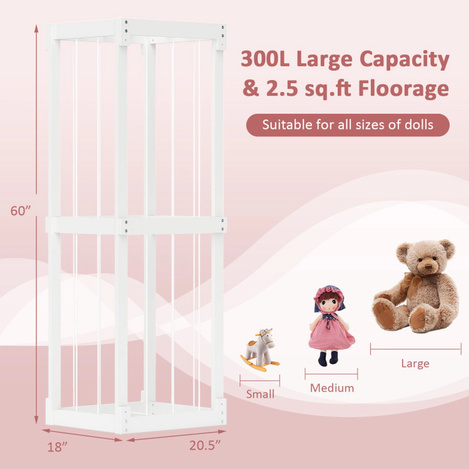 SUGIFT Kids 300L Elastic Cords Open Top Birch Plywood Stuffed Animal Toy Storage Holder 20.5-in x 18-in x 60-in White