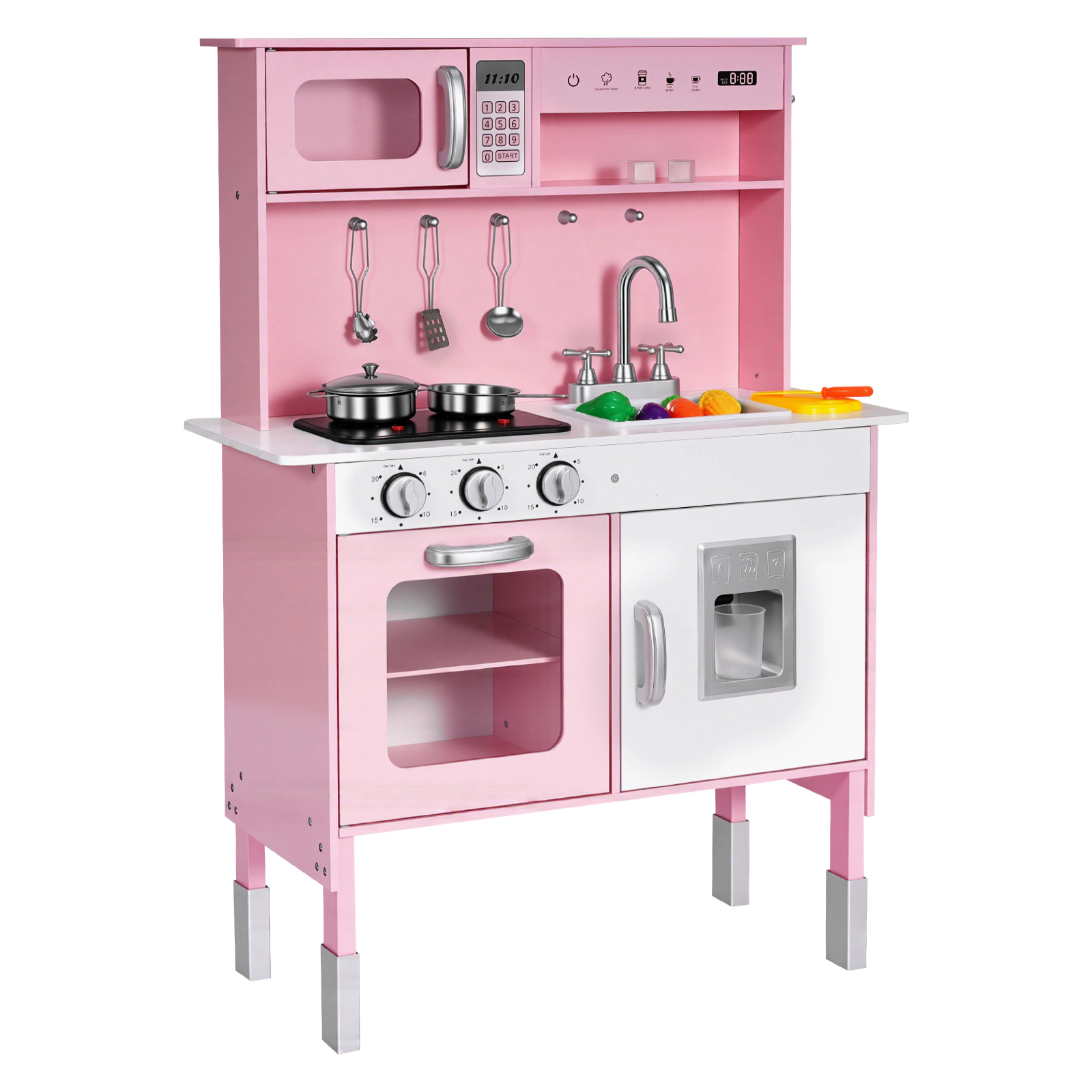 HONGGE Play Kitchen for Kids, Wooden, Kids Playset with Real Lights & Sounds, Food Cookware