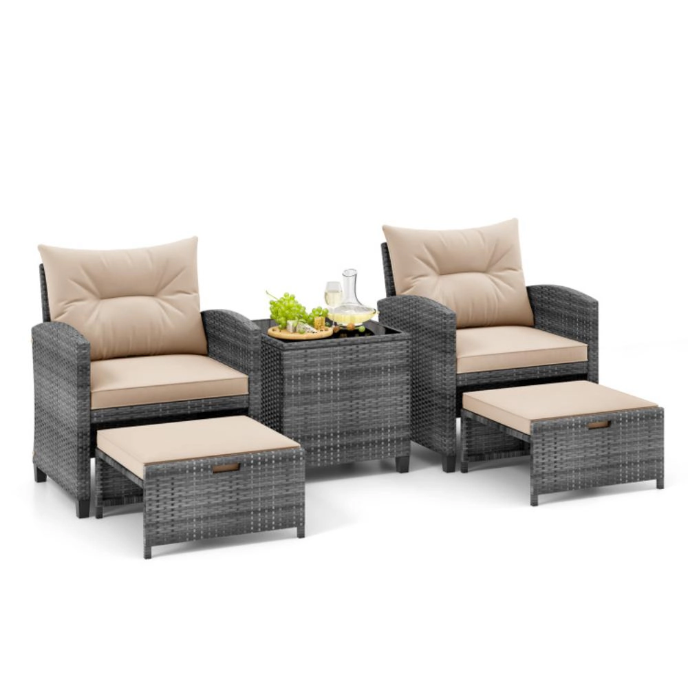 Hivvago 5 Piece Patio Rattan Furniture With 2 Ottomans And Tempered Glass Coffee Table