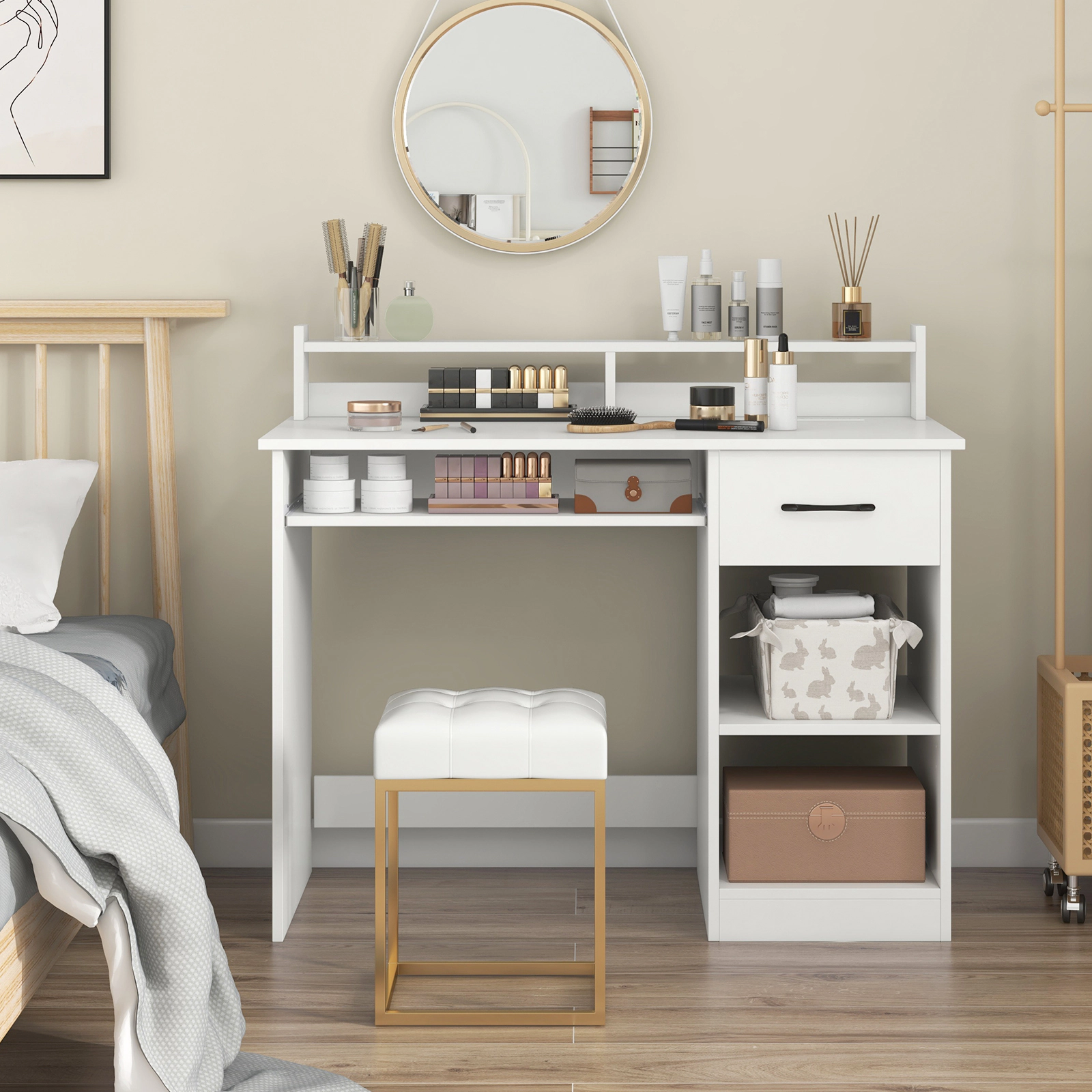 LJG White Desk with Charging Station and Adjustable Shelf for Home Office