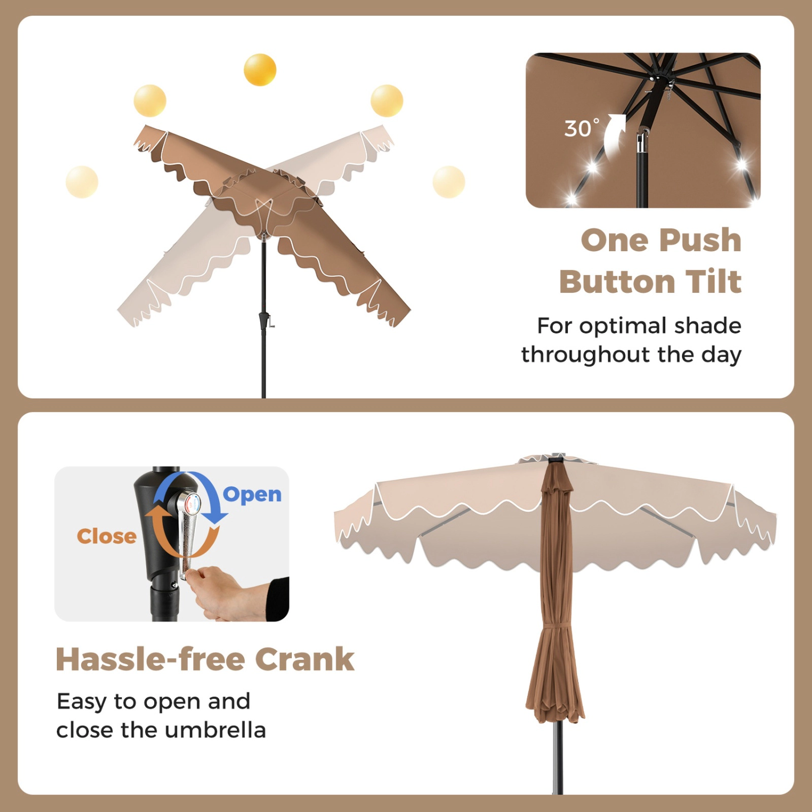 SUGIFT 10-ft Solar LED Outdoor Patio Umbrella with Crank Tilt Weighted Base and Sandbags 20-lb Net Weight Brown