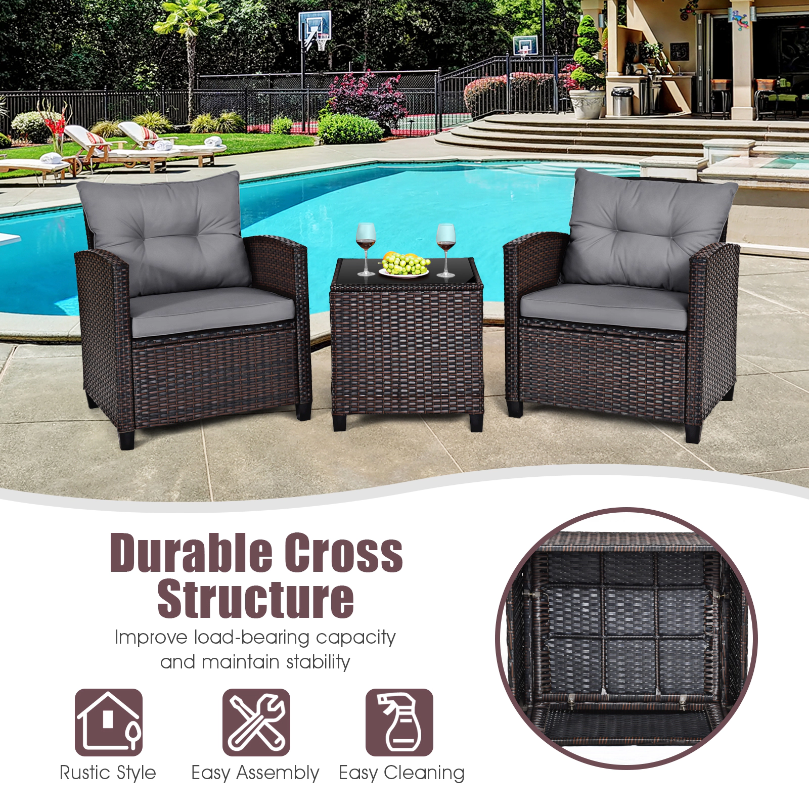 SUGIFT 3-Piece Gray Rattan Patio Conversation Set with 2 Cushioned Chairs and Glass-Top Cube Table