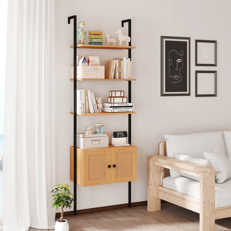 Hivvago 5-Tier Ladder Bookcase with Rattan Cabinet and Metal Frame
