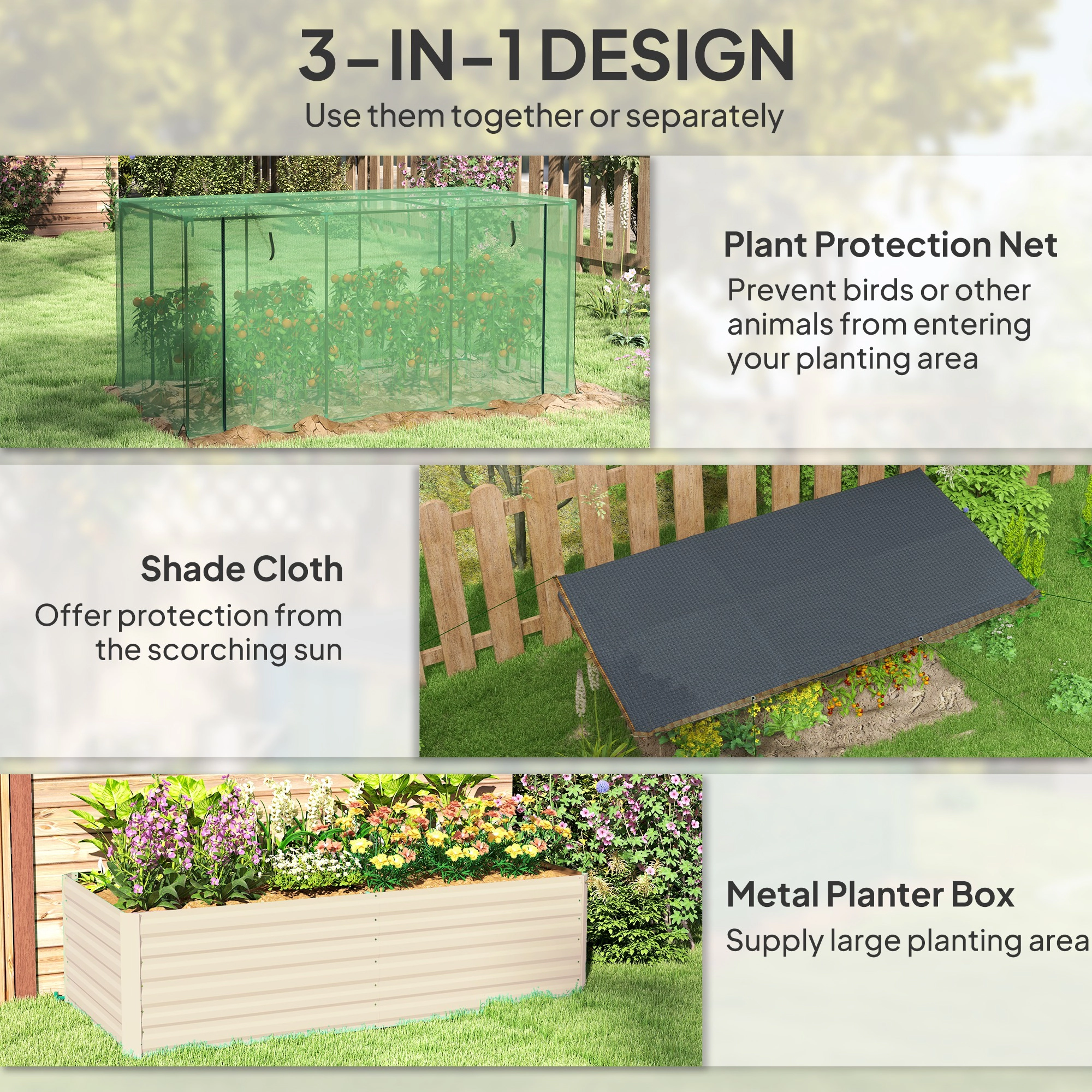 HONGGE Galvanized Steel Planter Box with Crop Cage and Shade Cloth, Raised Garden Bed for Flowers, Veggies Herbs