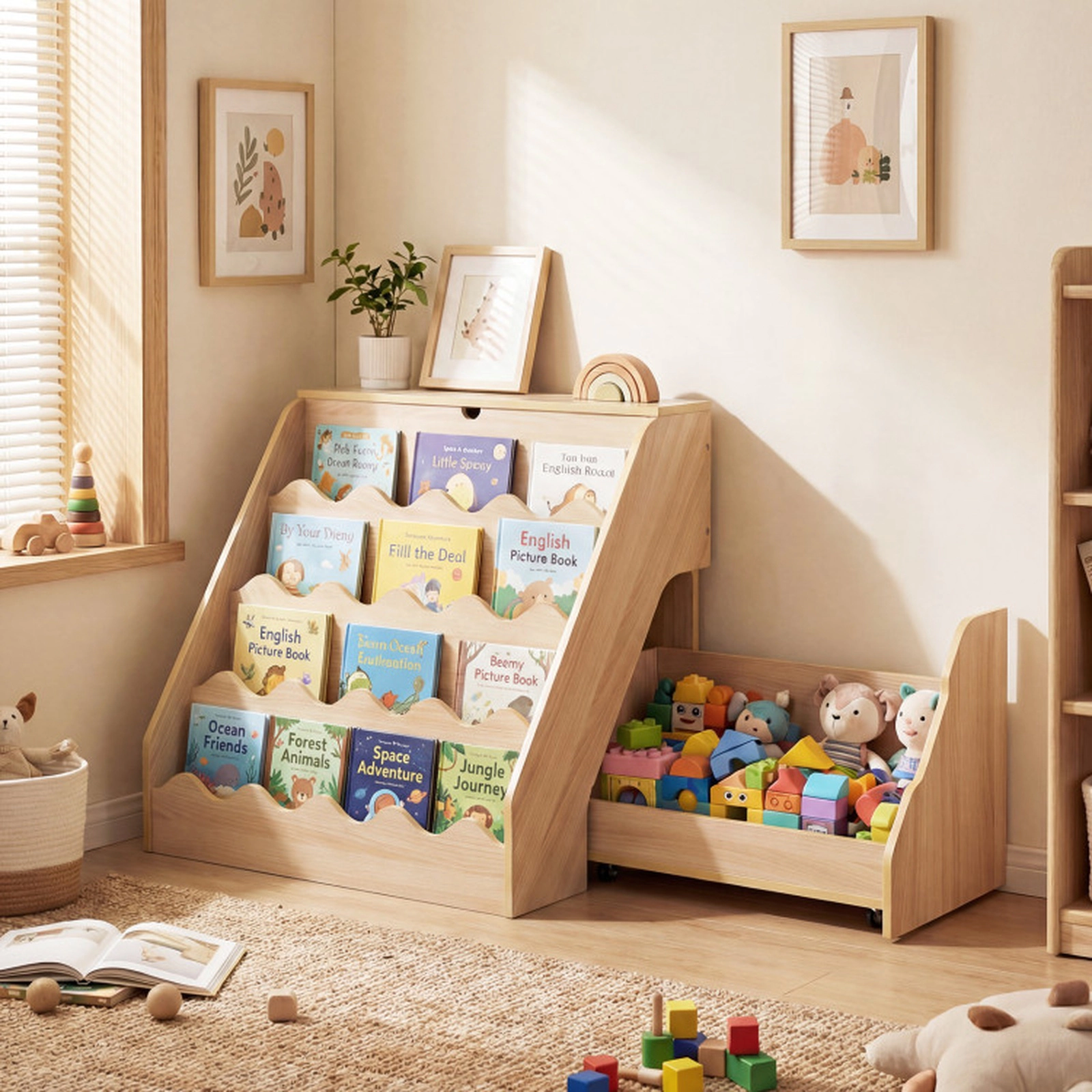SUGIFT Kids 2-in-1 4-Tier Rolling Drawer Cart Flip Top Box Toy Storage Bookshelf 24.8-in x 19.29-in x 24.21-in Natural