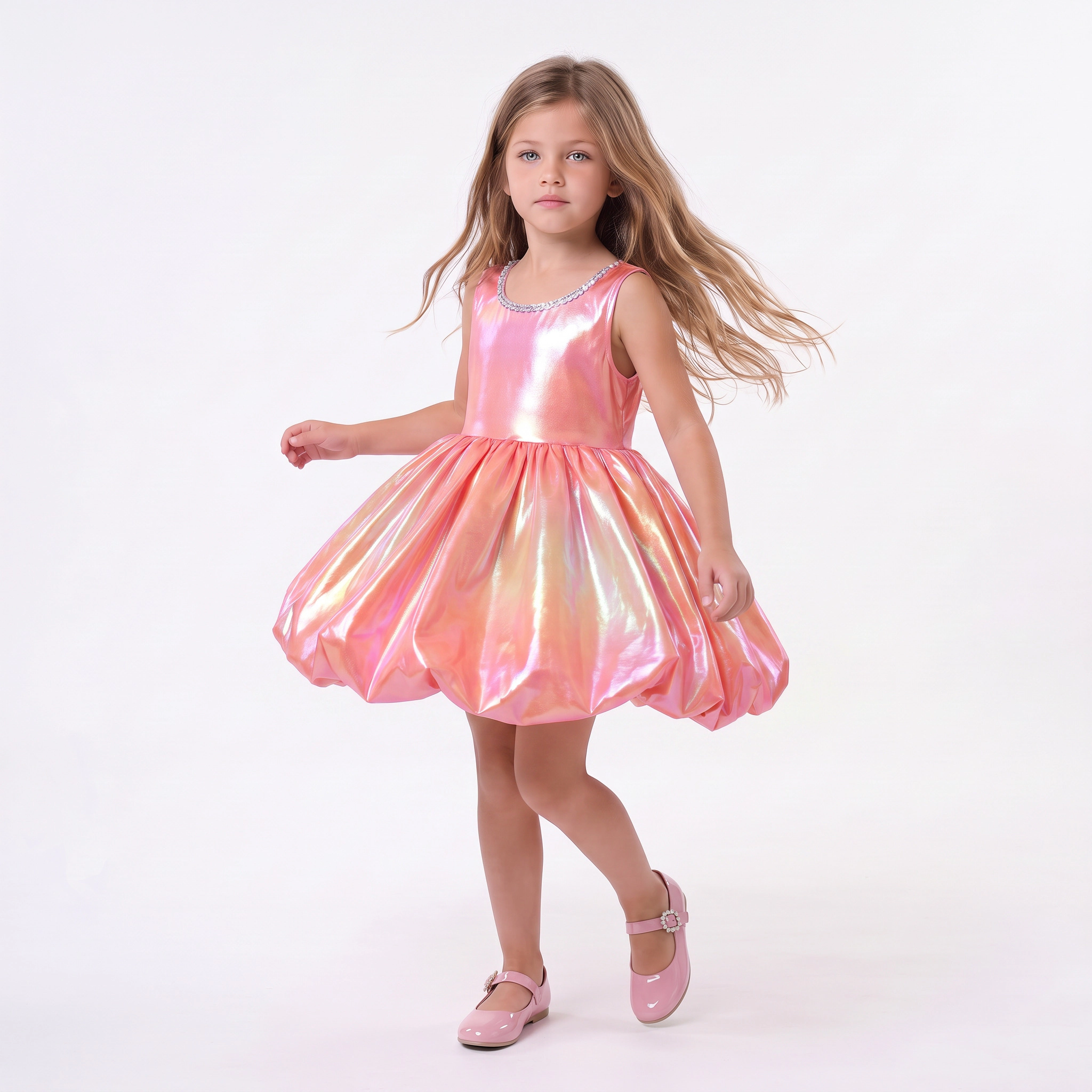 2Bunnies Girls 4T-10Y Iridescent Metallic Bubble Hem Sequin Neckline Party Dress