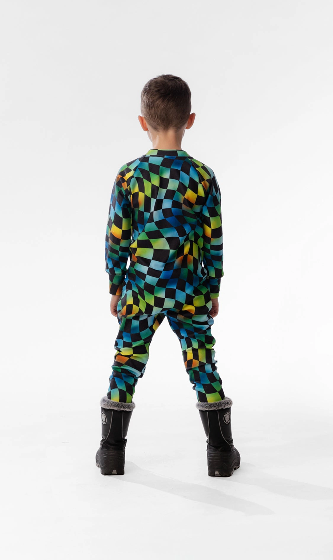 Deux par Boys One Piece Checkered Print Asymmetric Zip Thermal Underwear