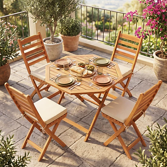 SUGIFT Acacia Wood Seats 4 Octagonal Folding Outdoor Patio Dining Table ...