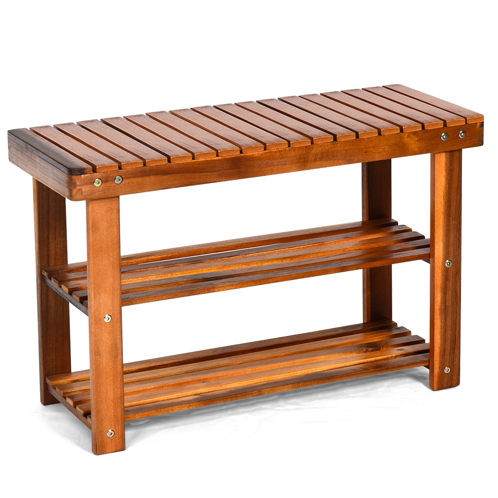 SUGIFT Freestanding Acacia Wood Shoe Rack Bench with 3-Tier Storage Shelves 180-lb Capacity Teak