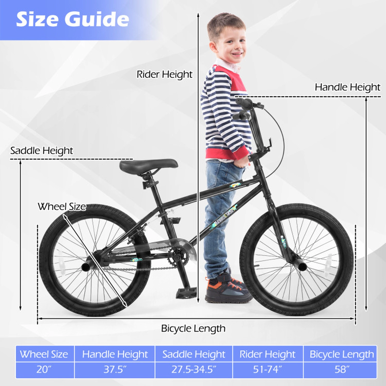 SUGIFT Black 360 Degree Steering 4 Metal Pegs and Adjustable Seat Kids 20 Inch BMX Bike