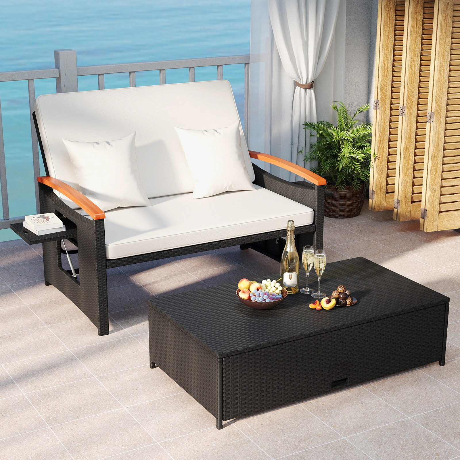 SUGIFT White PE Rattan Outdoor Loveseat and Storage Ottoman Set, Adjustable Patio Daybed