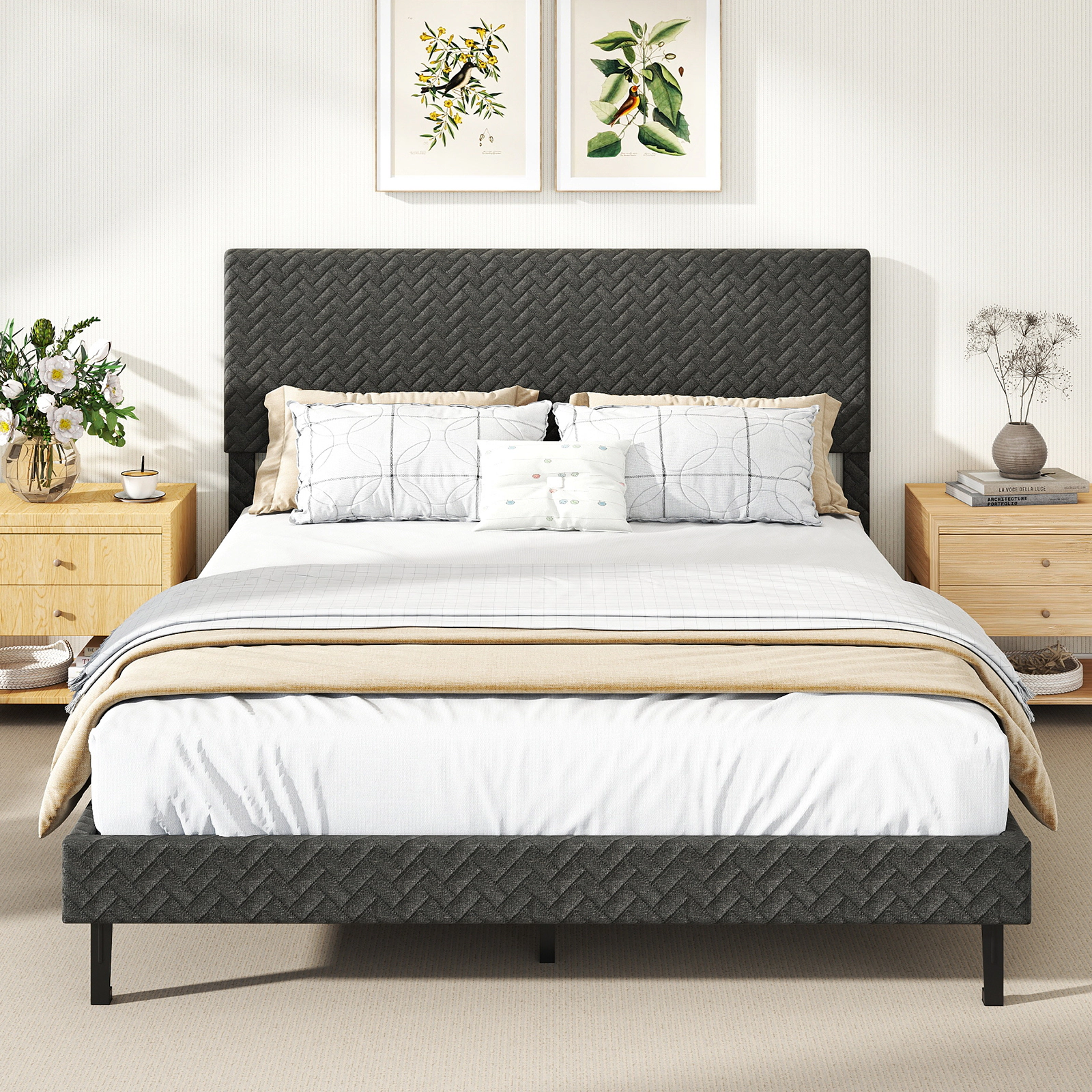 LJG Twin/Full/Queen Size Velvet Bed Frame Upholstered Platform Bed with Chevron Headboard Gray