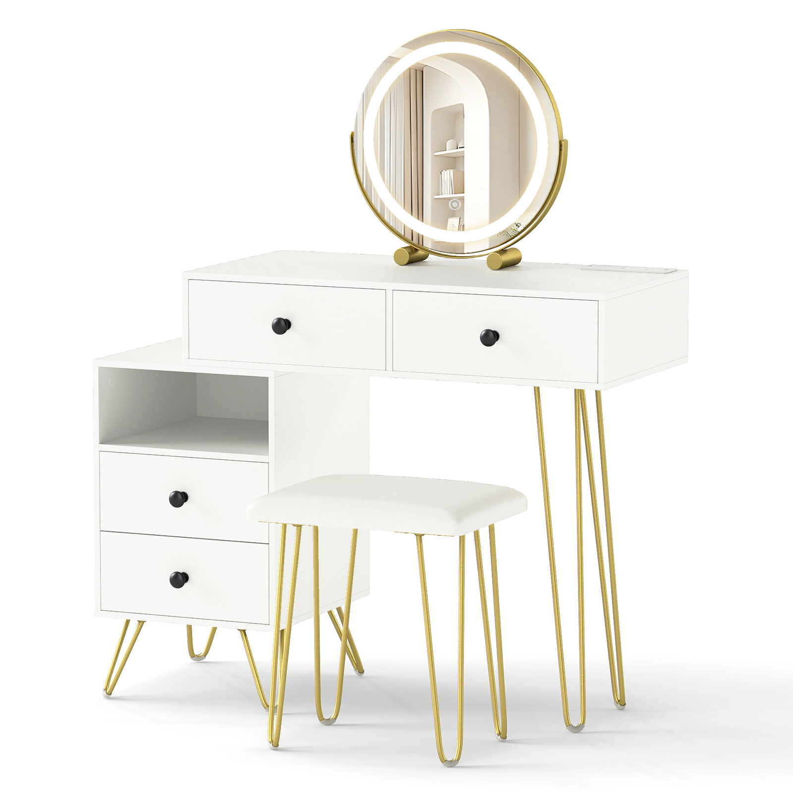 SUGIFT Off White Modern Dressing Vanity Table with Reversible Side Cabinet Jewelry Drawer and LED Mirror