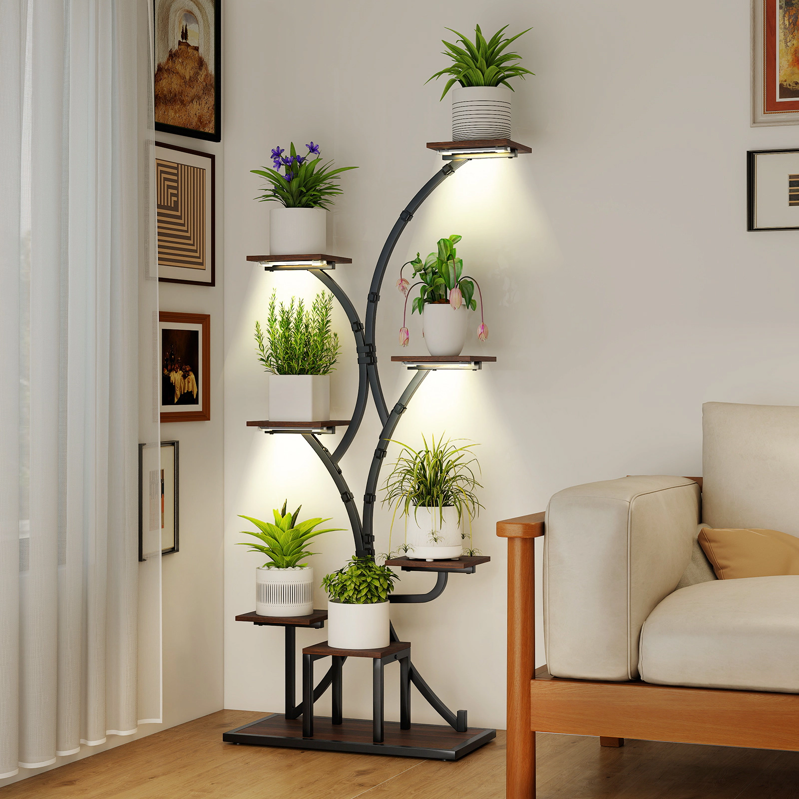 SUGIFT 8-Tier Corner Plant Stand with 4-Head Grow Lights 10-lb Layer Capacity 58-in Tall Brown+Black