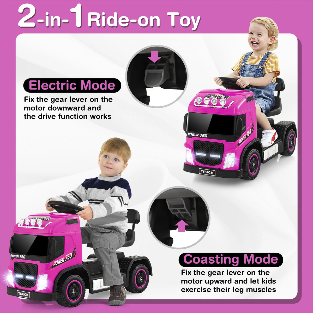SUGIFT 6V Kids Electric Ride-on Truck with Height Adjustable Seat 44-lb Capacity Ages 18-72 Months 28-in Long Pink
